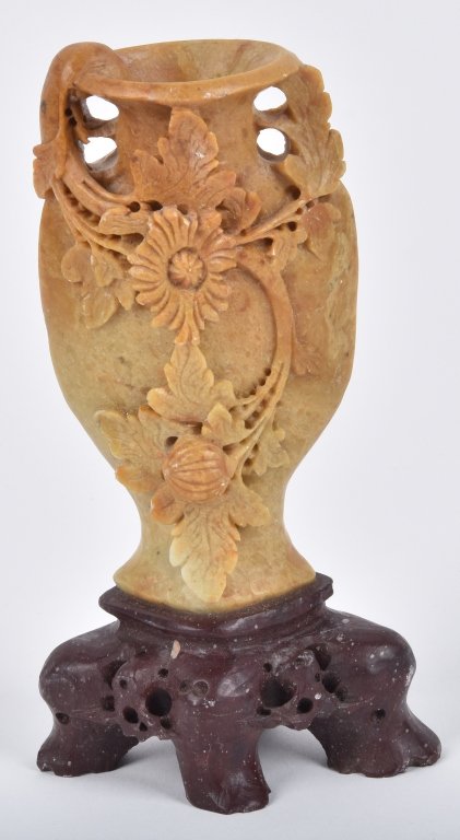 ANTIQUE SOAP STONE CARVED VASE w/ FLOWERS (1 of 3)