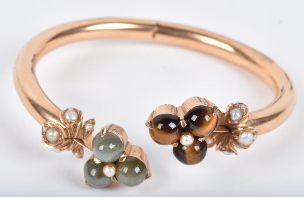 14kt GOLD VICTORIAN TIGERS EYE & PEARL BRACLET (1 of 4)