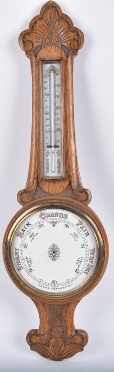 ANEROID OAK BAROMETER, VINTAGE (1 of 7)