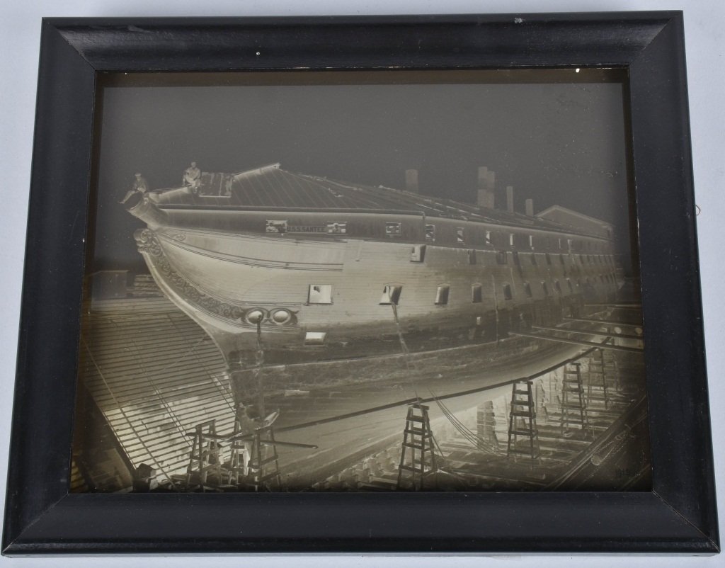FULL PLATE GLASS IMAGE OF THE U.S.S. SANTEE: Image is dated 1913 which was the year this Civil War ship was dismantled and scrapped. 8" x 10" NM
