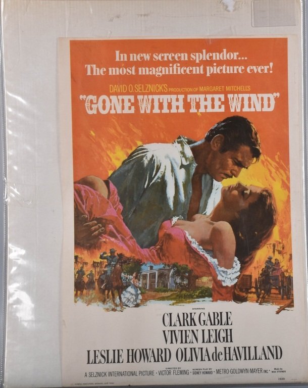 GONE WITH THE WIND HALF SHEET: Reprint by Portal Publications, 29" x 20". light edge wear. VG