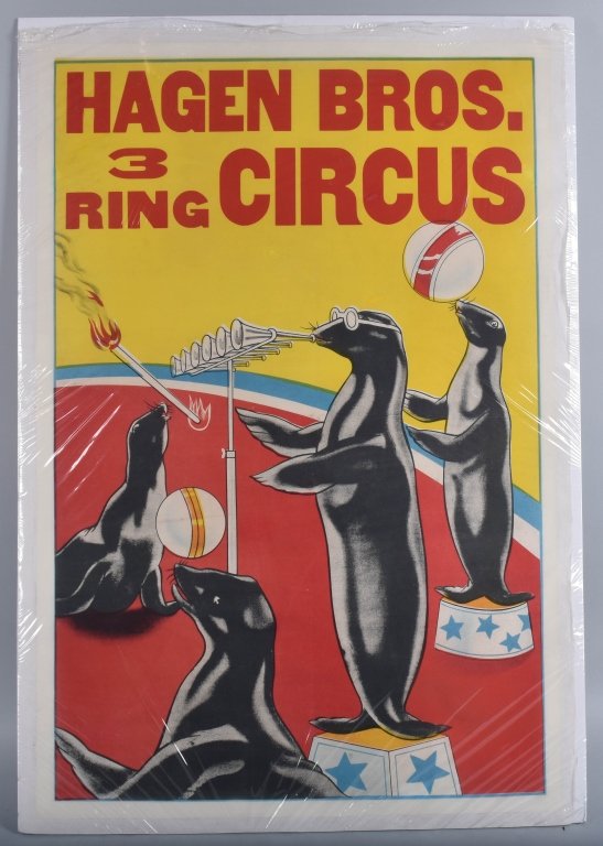 LINEN MOUNTED HAGEN BROS. 3 RING CIRCUS POSTER (1 of 3)