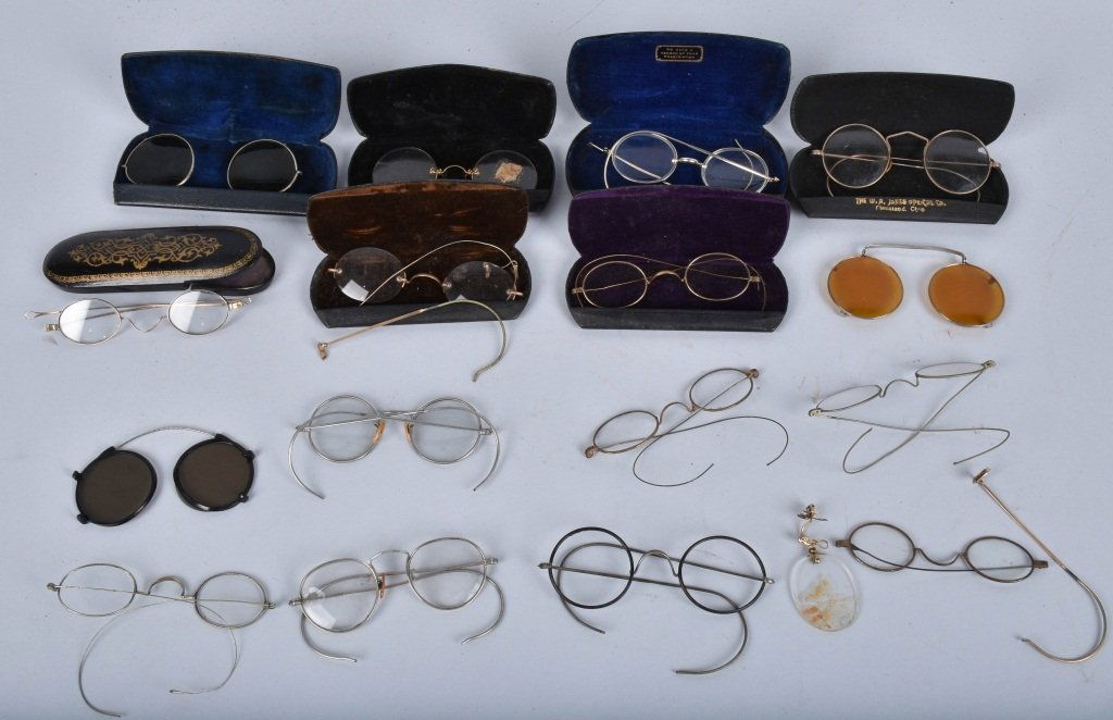 LARGE LOT of VINTAGE EYE GLASSES: Nice diverse lot with several frames that are gold filled. Lot includes several cases. Conditions vary. Fair-Very Good