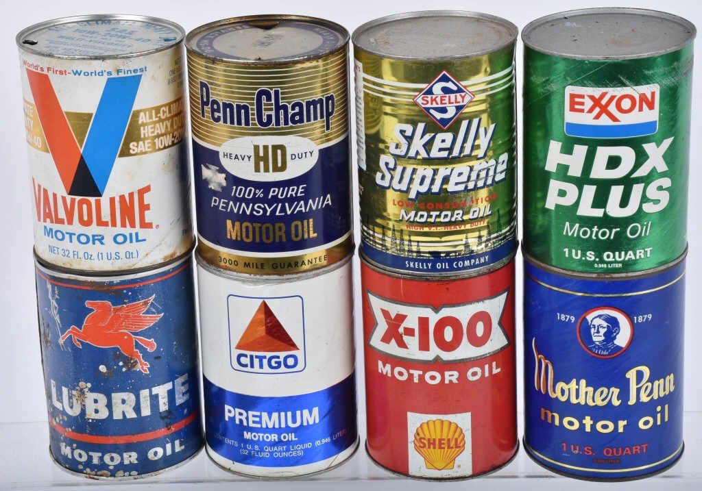 8- VINTAGE 1 QUART OIL CANS MOBILOIL, SHELL,: Nice lot includes Citgo Premium, Shell X-100, Mother Penn, Exxon HDX Plus, Skelly Supreme, Penn Champ, Valvoline, and Mobiloul Lubrite. Very Good-Excellent
