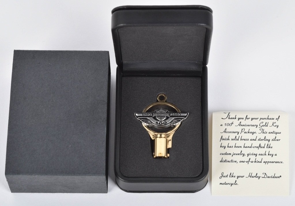 2003 HARLEY DAVIDSON 100th ANNIVERSARY GOLDEN KEY: Special edition Golden Key for Harley Davison 100th Anniversary. Never used still mint in the box with papers and cover. 3" Near Mint