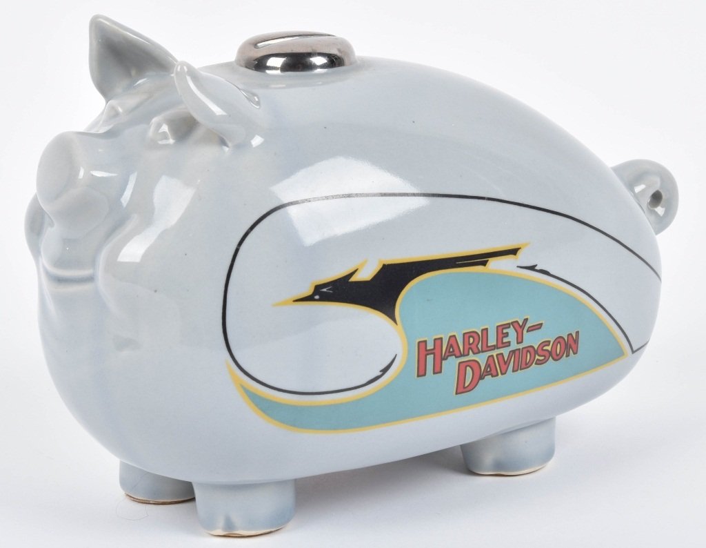 1982 HARLEY DAVIDSON TANK PIGGY BANL: Excellent all original ceramic piggy bank with great colors.. No breaks or chips. 11" Near Mint