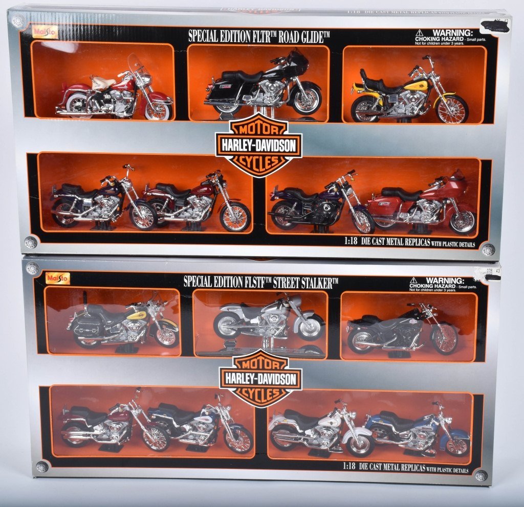 2- MAISTO HARLEY DAVIDSON SPECIAL EDITION SETS: Includes Special Edition FLTR Road Glide 7 Motorcycle Set and Special Edition FLSTF Street Stalker 7 Motorcycle Set. Both 1:18 Scale. From 2001. Both sets sealed in box. Near Mint