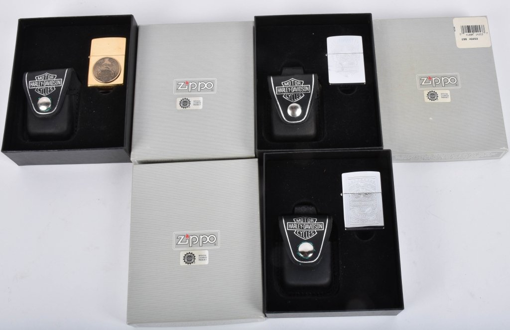 3- HARLEY DAVIDSON ZIPPO LIGHTERS MIB: Nice lot with 3 different Harley Davidson Lighters, unused in the original boxes. Each lighter includes leather carrying case. Mint