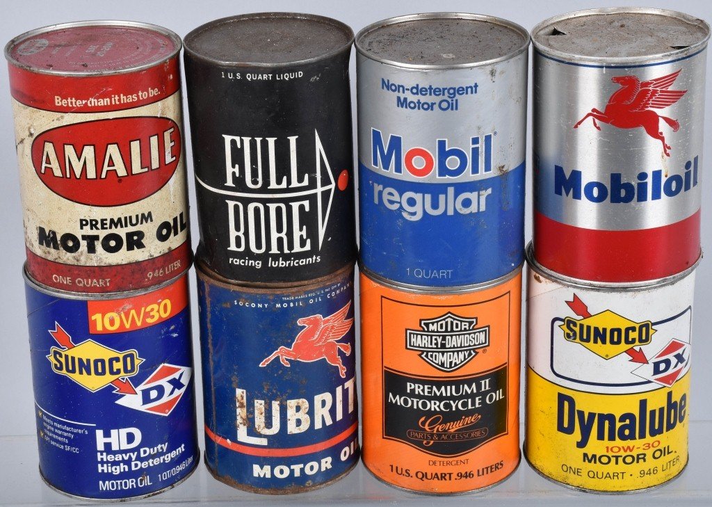 8- VINTAGE 1 QUART OIL CANS HARLEY, AMALIE: Nice lot includes Harley Davidson, Amalie, Mobiloil, Full Bore, Sunoco, and Sunoco/DX. Very Good-Excellent
