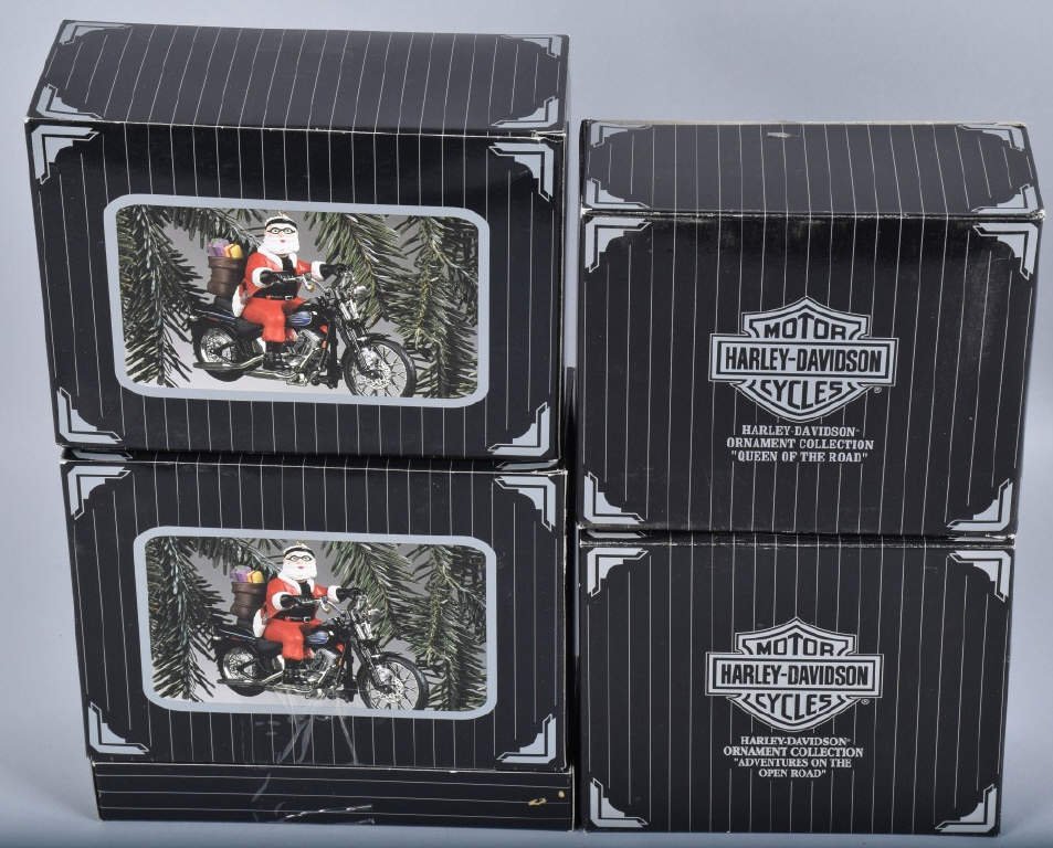 4- HARLEY DAVIDSON CAVANAGH CHRISTMAS ORNAMENTS: Harley Davidson North pole Motorcycle Club ornaments. All ornaments never used still in original boxes. Near Mint