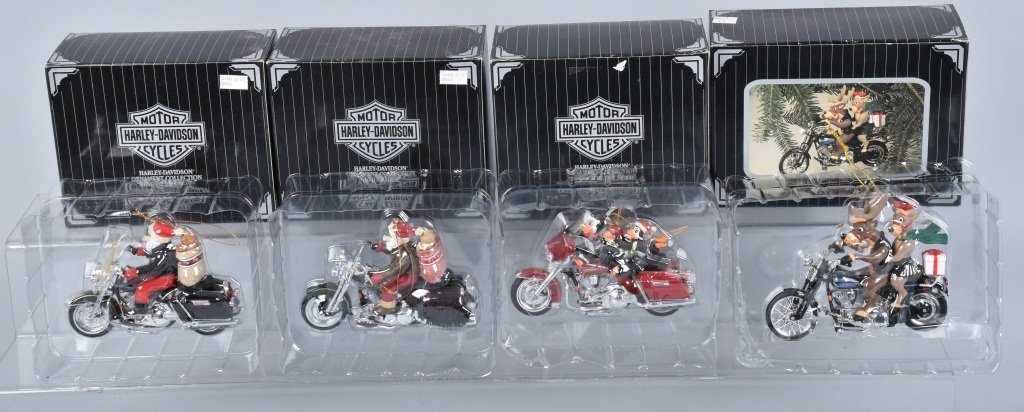 4- HARLEY DAVIDSON CAVANAGH CHRISTMAS ORNAMENTS: Harley Davidson North Pole Motorcycle Club ornaments. All never used still in boxes. Near Mint