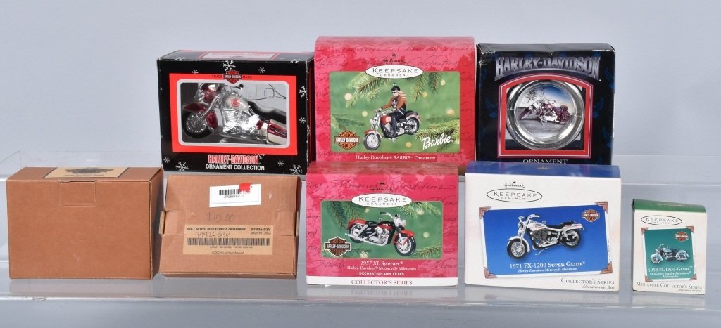 9- HARLEY DAVIDSON CHRISTMAS ORNAMENTS: Nice lot of ornaments all with boxes. Near Mint