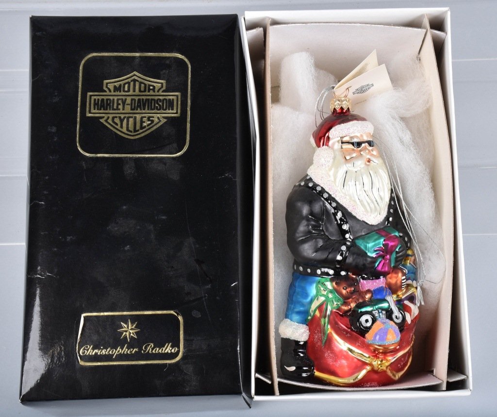 RADKO HARLEY DAVIDSON SANTA CHRISTMAS ORNAMENT: Excellent Christoper Radko Harley Davidson Santa Christmas Ornament. Beautiful glass ornament in original box. Near Mint