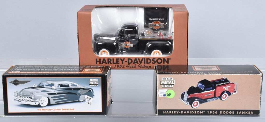 3- HARLEY DAVIDSON DIECAST CARS w/ BOX: Nice lot of 3 mint boxed Limited Edition Harley Davidson vehicles. Near Mint