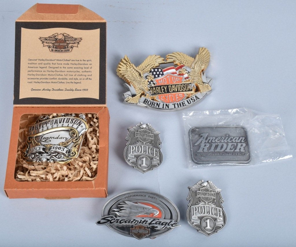 6- HARLEY DAVIDSON BELT BUCKLES: Nice lot of Genuine Harley Davidson Belt Buckles. One with original Box. Near Mint