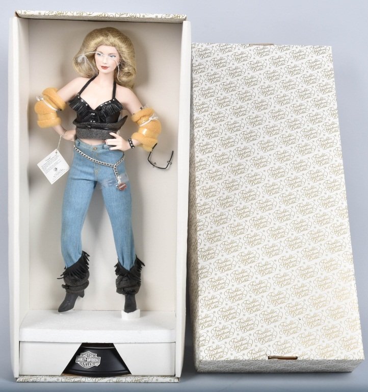 FRANKLIN MINT HARLEY DAVIDSON CANDY DOLL MIB: Excellent Franklin Mint Harley Davidson porcelain doll. Still sealed in box with all papers. 20" Near Mint