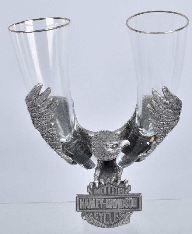 HARLEY DAVIDSON PEWTER EAGLE GLASS FLUTE HOLDER: Excellent large pewter eagle with HD Logo that holds 2 glass flutes. With Box. 8" Near Mint