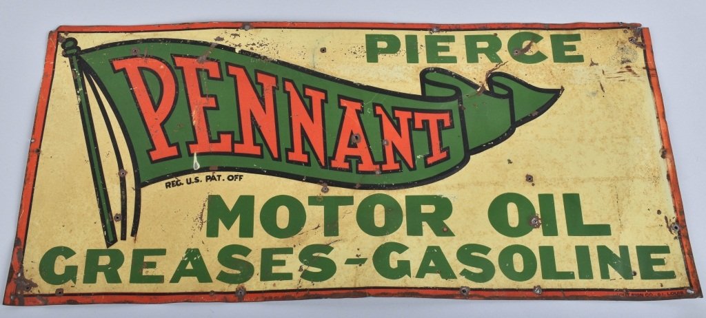 PIERCE PENNANT MOTOR OIL Tin Sign: Nice early tin sign with nice colors. Has a few nail oils and wear. 27"x13" Very Good