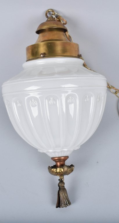 Vintage CHANDELIER FROM KANSAS CITY UNION STATION: Nice original Milk Glass & Brass Chandelier that hung in the Kansas City Union Station Train Depot. 24" Excellent