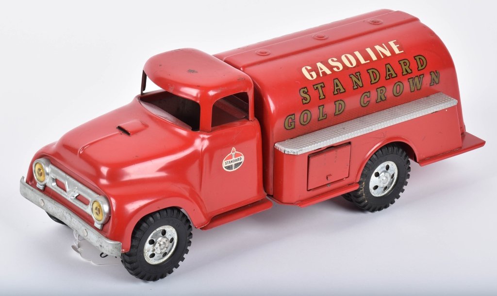 TONKA STANDARD GASOLINE TRUCK: Excellent original Tonka Gasoline Truck. Has Standard Oil stickers that look vintage on the truck. Possibly unusual period private label truck? Very nice paint. Missing rear hatch door. 14" Excellent