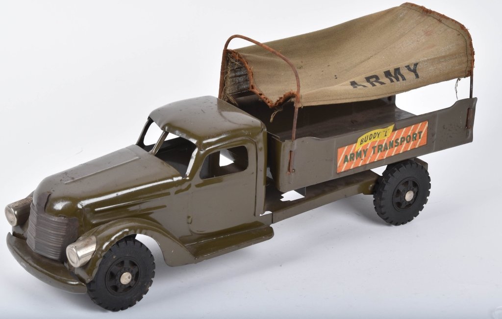 BUDDY L ARMY TRANSPORT TRUCK: Impressive truck with nice paint and decals. Still has original canvas top. 21" Very Good