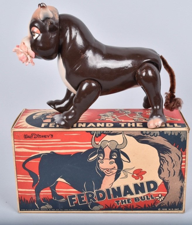 IDEAL FERDINAND THE BULL w/ BOX: Excellent all original composition Walt Disney Ferdinand The Bull. With original box. Walt Disney Enterprises 1938. 11" Excellent