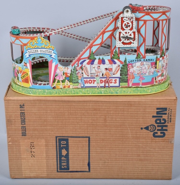 CHEIN ROLLER COASTER w/ BOX: Nice colorful Roller Coaster with Car. Works with Box. 20" Excellent