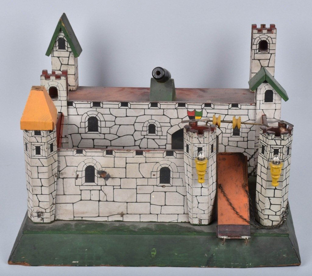 BRITAINS Style WOODEN CASTLE: Very highly detailed wooden castle made for Britains Soldiers. All original with great details. 19"x16" Excellent
