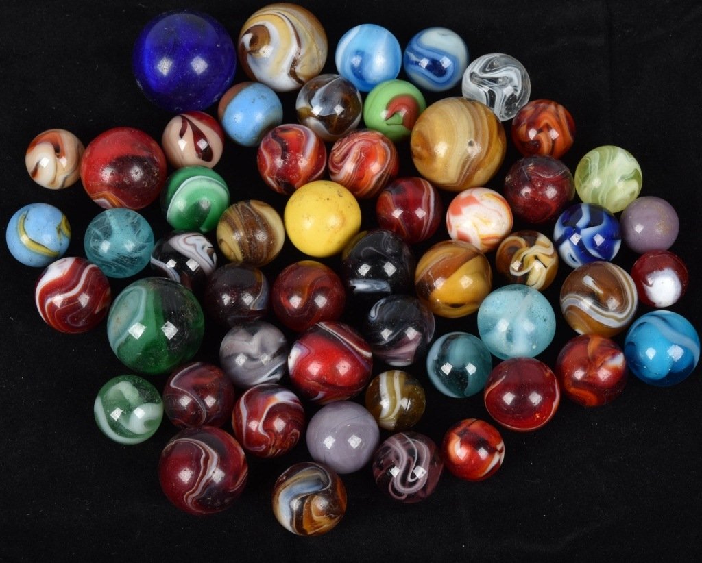 50+ CHRISTAINSEN AGATES & SLAG MARBLES: Nice group of quality Christainsen Agates and Slag marbles. Largest measures 1"