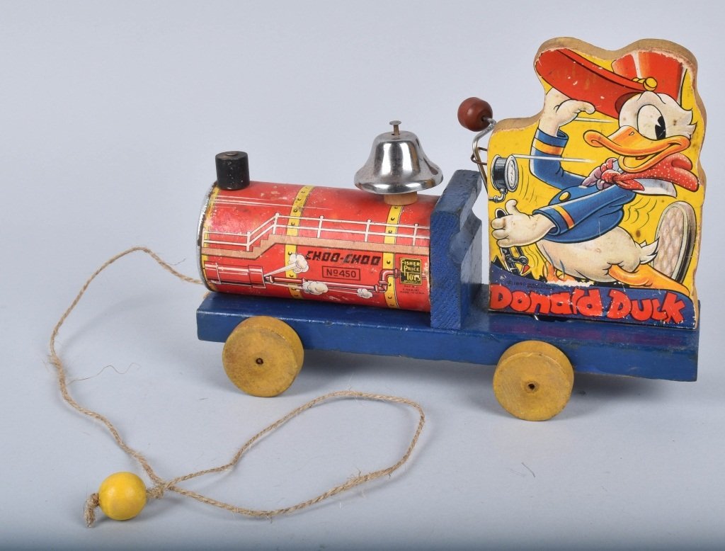 1940 FISHER PRICE #450 DONALD DUCK CHOO CHOO: All original early Disney version. Some wear. 9 1/2" Very Good