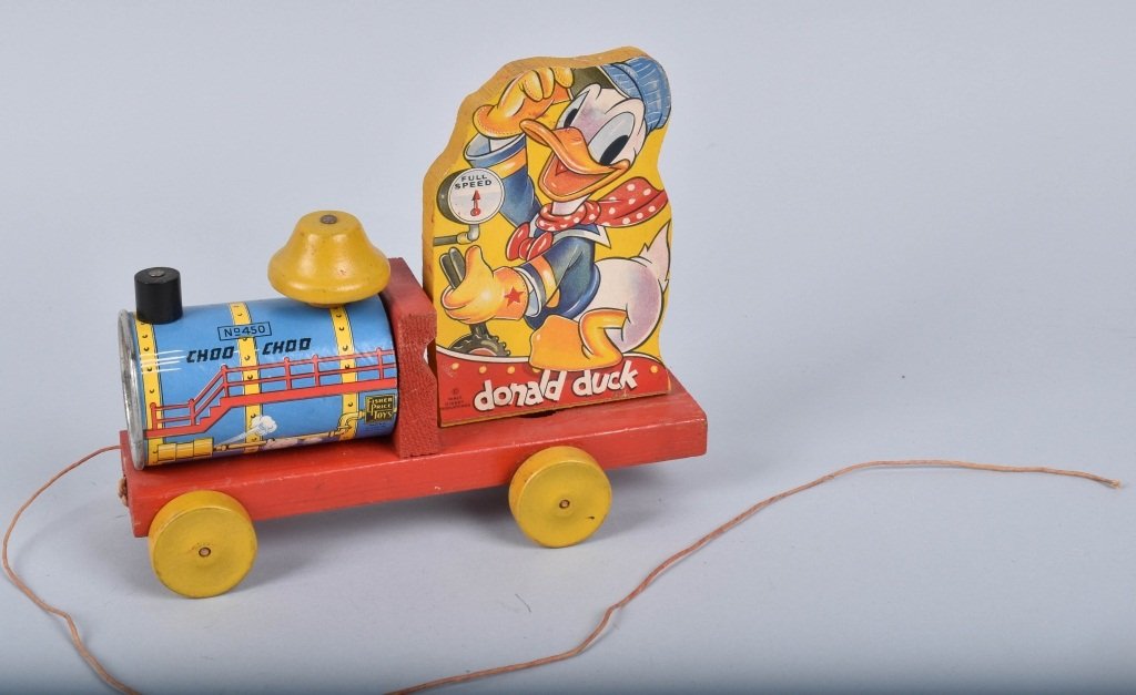 1942 FISHER PRICE #450 DONALD DUCK CHOO CHOO: Nice early Disney version. Had very good color. 9" Excellent