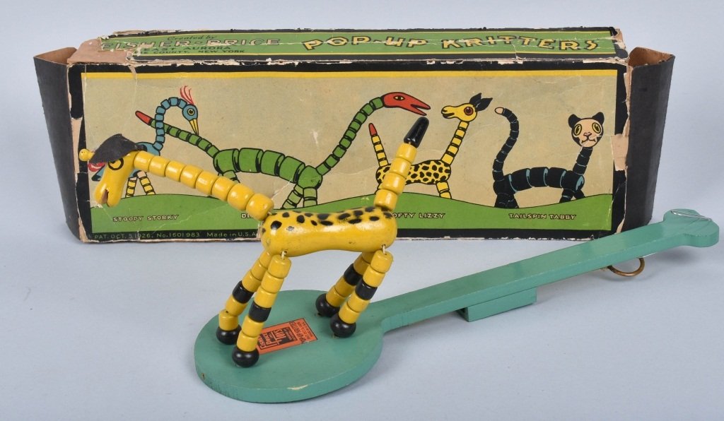 1931 FISHER PRICE #405 LOFTY LIZZY w/ BOX: Excellent Pop-Up Kritters Lofty Lizzy. With scare round paddle. Looks never played with condition. With very rare original box! Box has some wear. 12 1/2" Near Mint