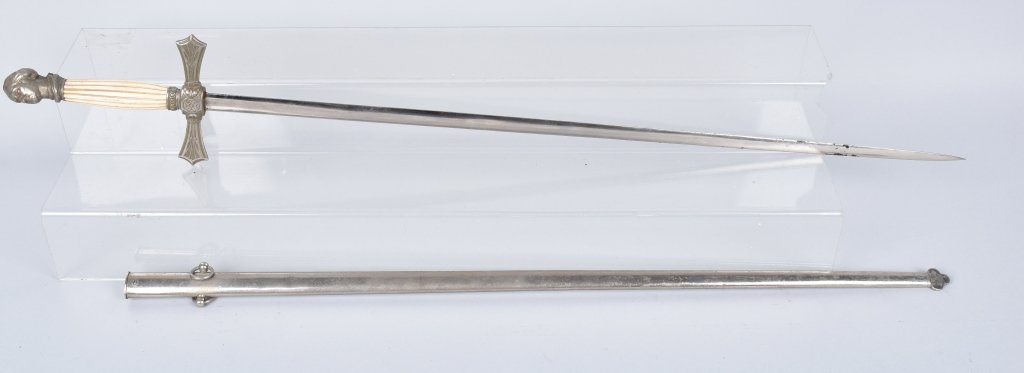 19TH CENT. FRATERNAL SWORD & WASHINGTON POMMEL: Patriotic Order of the Sons of America fraternal sword measures 35" overall with a 28" blade that is 3/4" wide. Nice cast bust of George Washington on pommel, nice reeded bone grip, Clean blade and sc
