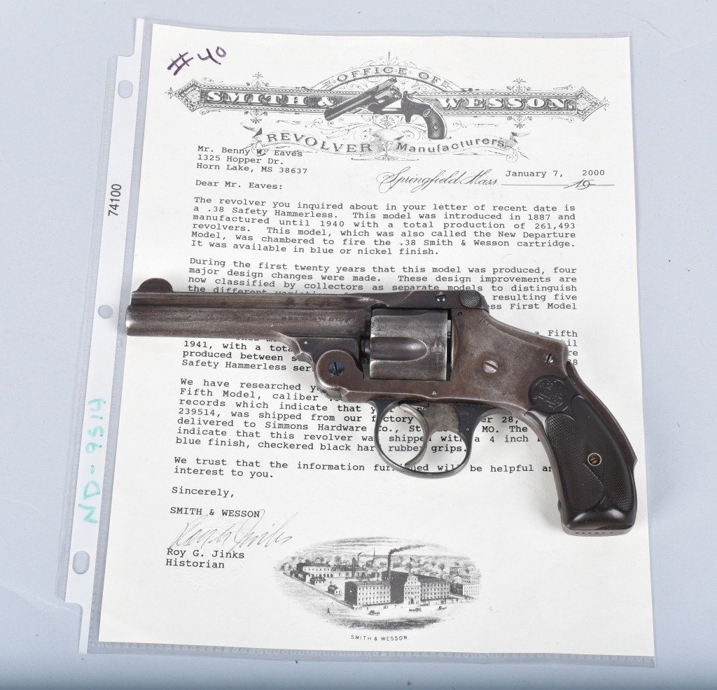 SMITH & WESSON SAFETY 5TH MODEL, .38 with LETTER: SN 239514, 4" barrel with very good bore, crisp action, smooth gray metal with traces of blue in protected areas, checkered hard rubber grips have a chip on left side. Includes Factory Letter which in