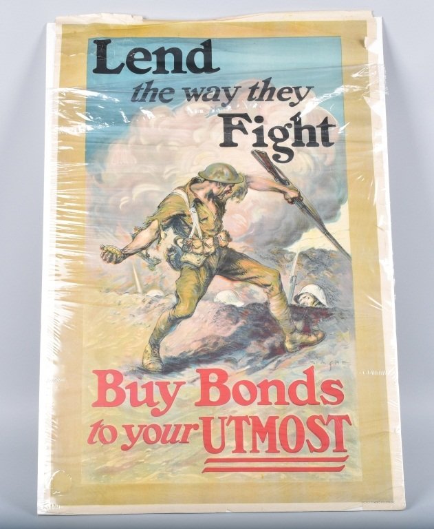 WW1 BOND POSTER, DOUGHBOY with GRENADE: Measures 41" by 28", great graphics, has wear and edge tears. Very Good