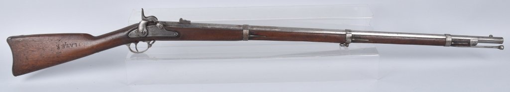 CIVIL WAR M1861 NORWICH RIFLE, 1863. ID'd: Carved on stock in two places Isaac Lateer. Lateer was in Co. D of N.J. Vol. Inf. 40" barrel .58 caliber, with breech dated 1863. Full length stock is good, gray metal with light pitting, good action.