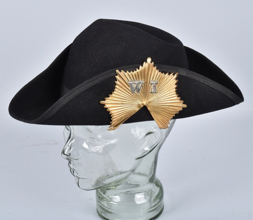 WASHINGTON INFANTRY TRI-CORN HAT: The Washington Infantry or 102nd Pa Volunteers mustered in Pittsburgh Pa from the old 13 regiment. They were active from 1855 to 1930. Nice Tri-Corn hat with Washington Infantry hat plate. No size ind