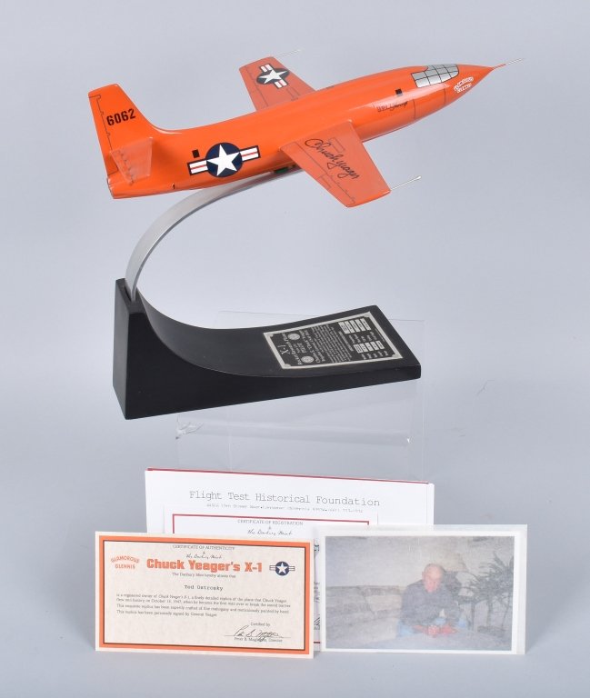 DANBURY MINT ROCKET PLANE, SIGNED CHUCK YEAGER: Wonderful scale model of the X1 Rocket Research Plane signed by Chuck Yeager with paperwork and COA. Near Mint
