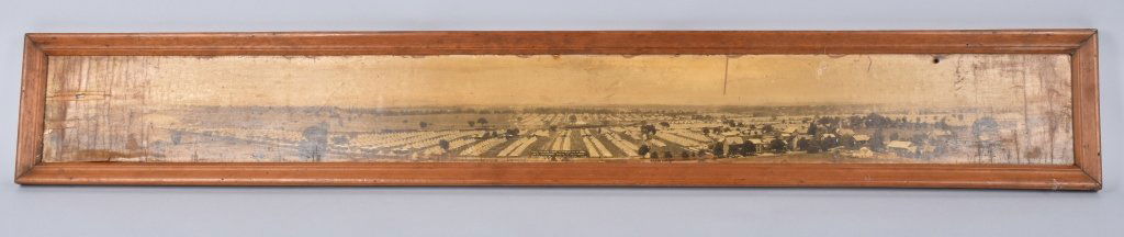 LARGE 1913 BLUE-GRAY REUNION GETTYSBURG PHOTO: Measures 61" by 9" and shows the encampment for the 1913 Blue-Gray Reunion in Gettysburg, Pa. Has water damage at either end and appears to have been coated at one time. Details are still nice. Good