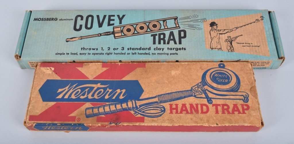 LOT OF 2 VINTAGE HAND TRAP SETS , BOXED: Lot includes Western, and Mossberg hand trap sets. Both are boxed. Excellent