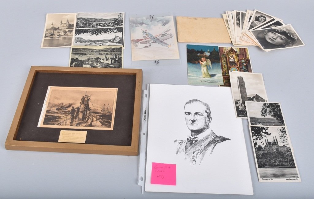WWI & WWII Era PRINTS, POST CARDS, & MORE: Lot includes Military Prints including Airplanes and U-Boats. Nice selection of Post Cards, and 1944 Bayreuth Theater Festival Book with Nazi markings. Very Good-Excellent