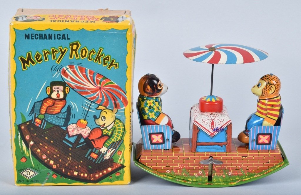SY Tin Windup MERRY ROCKER w/ BOX: Excellent Dog & Monkey rocker toy made in Japan. All original and complete with umbrella. Windup works. With Box. 7" Excellent