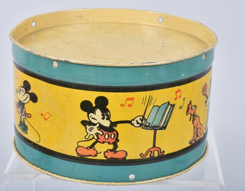 6 1/2" OHIO ART MICKEY MOUSE DRUM: Very nice tin drum made by Ohio Art. Very nice graphics of Mickey Mouse. Has lite wear. Very Good