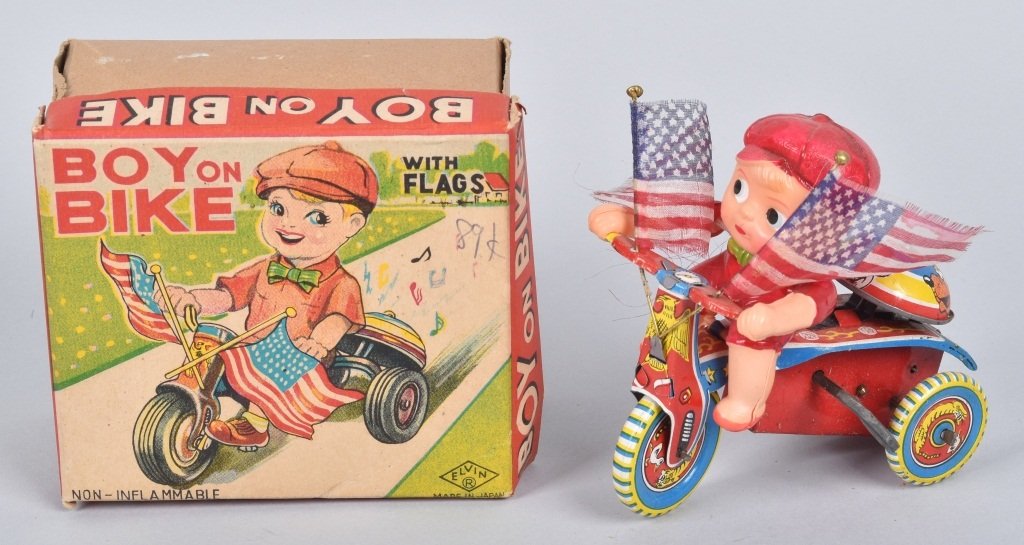 JAPAN Celluloid Windup BOY ON TRIKE w/ FLAG  w/BOX (1 of 5)