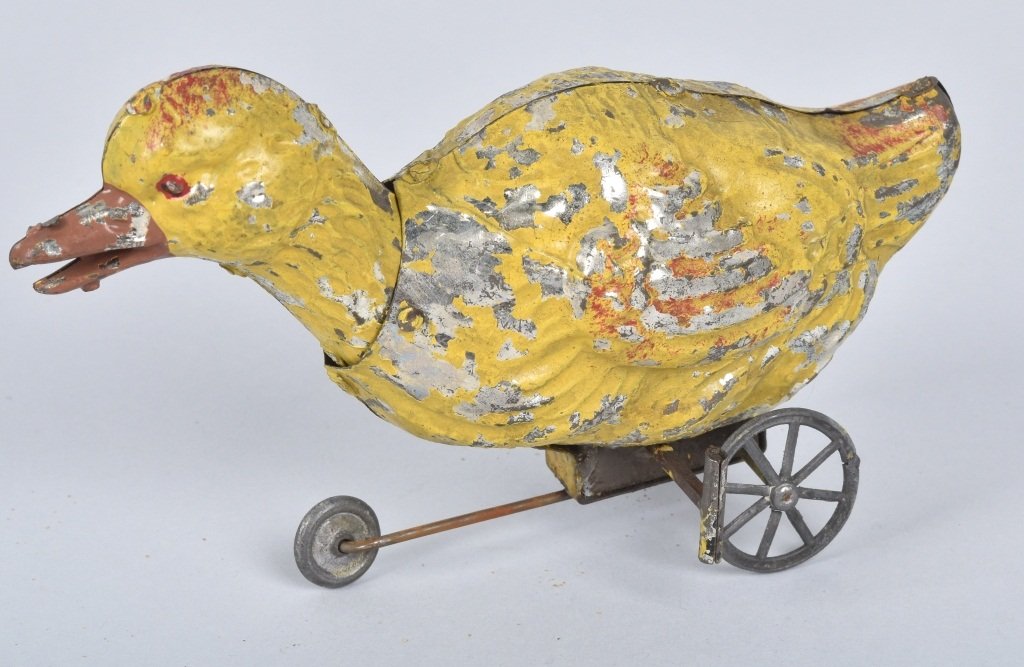 German Hand Painted Bird: Windup with bobbing head, works fine. Retains about 80% original paint. 6 1/4" long, VG-Fine