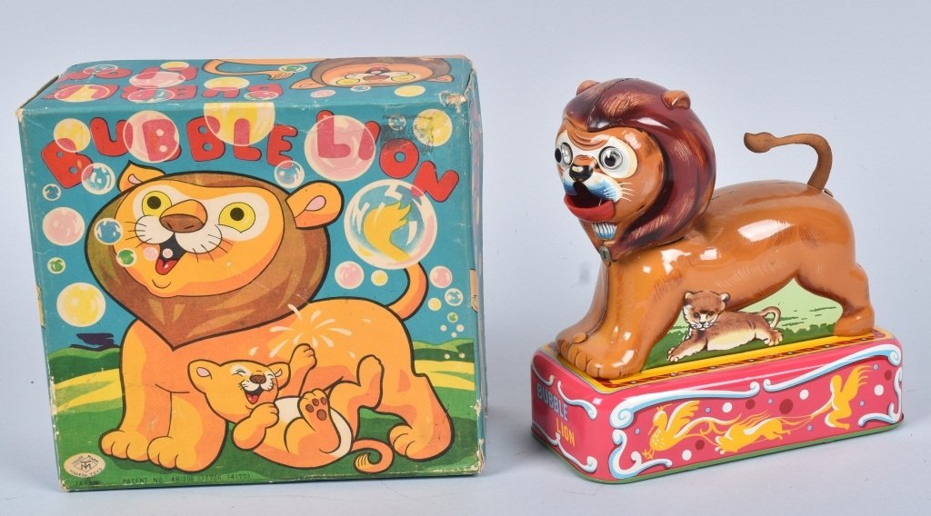 Masudaya Bubble Lion Battery Op Toy: Nice original box, clean toy works fine when tested, minor wear. 7" long, EX