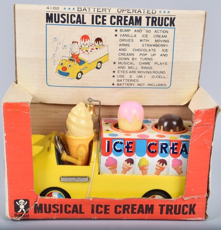 Bandai B/O Musical Ice Cream Truck: With original box, worked fine when tested, small crack to plastic by driver. Missing windscreen. 10 1/2" long, VG