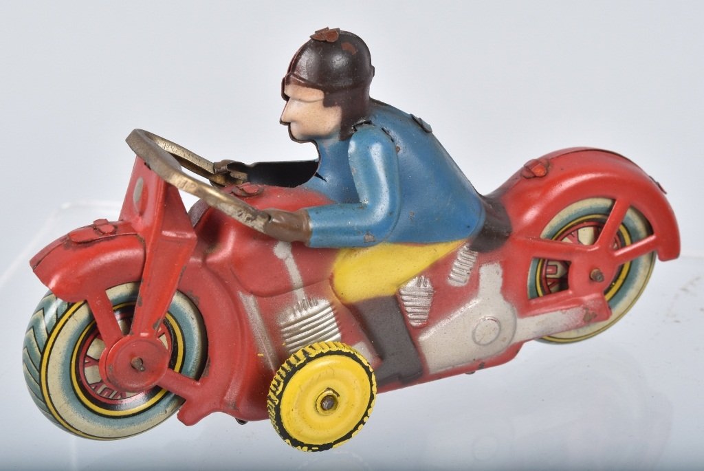 Occupied Japan Harley Davidson Motorcycle: Painted tin friction bike works fine. Minor wear. 5 1/4" long, Fine-VF