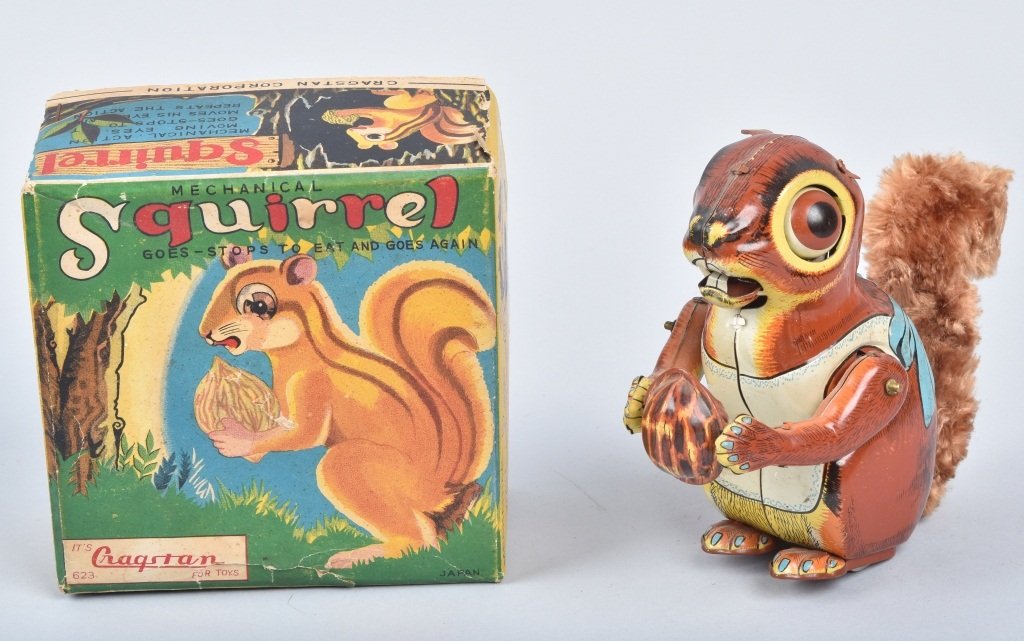 CRAGSTAN Windup SQUIRREL w/ BOX: All original with great colors. windup works. Missing 1 rubber ear. With Box. 5" Excellent