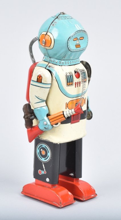 AN Tin Windup INTER PLANET SPACE CAPTAIN ROBOT: SCARCE... Aoshin Shoten Inter planet Space Captain Robot. All original including space gun and spring accents. The robot has very nice color and gloss. Windup works well. A very nice example of a very